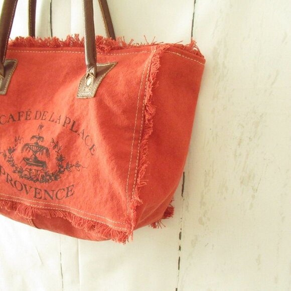 Myra Bag Le Cafe La Place Provence Graphic Red Canvas Leather Tote - Picture 5 of 8